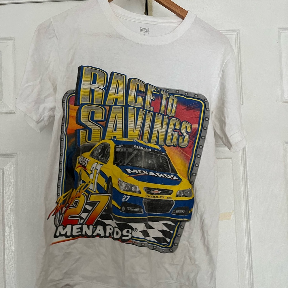 Anvil White 'Race to Savings' Menards Race Car Graphic Tee